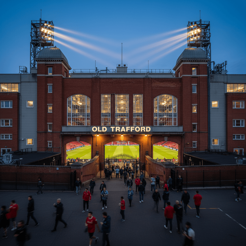 Old Trafford exterior and away fans approaching the stadium