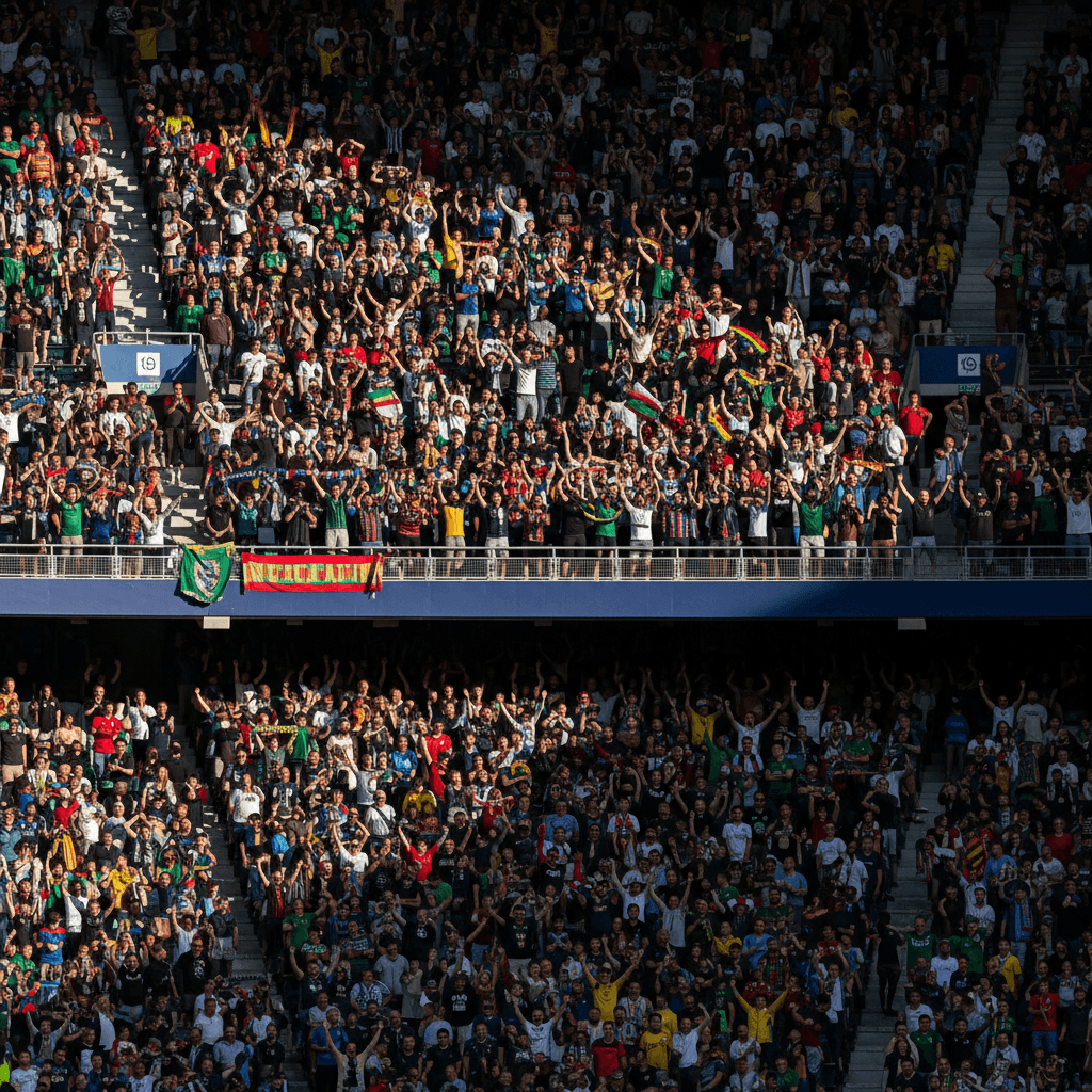 Packed away stand with thousands of fans during match