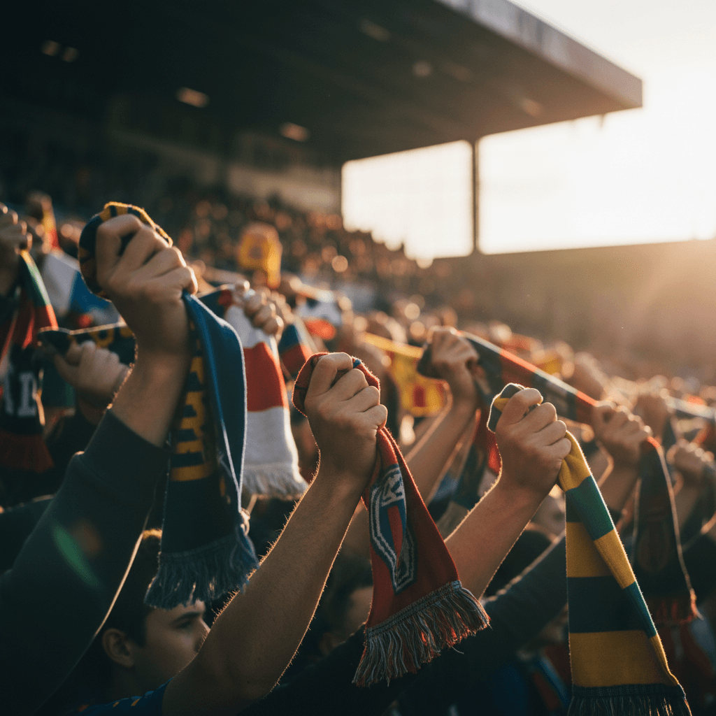 Fans waving scarves and flags in stadium