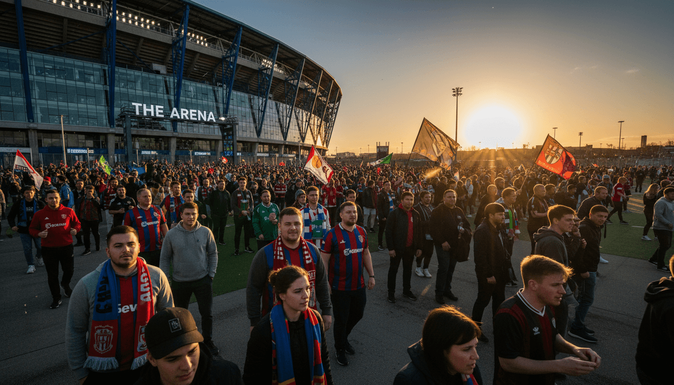 Away fans walking toward stadium entrance during golden hour