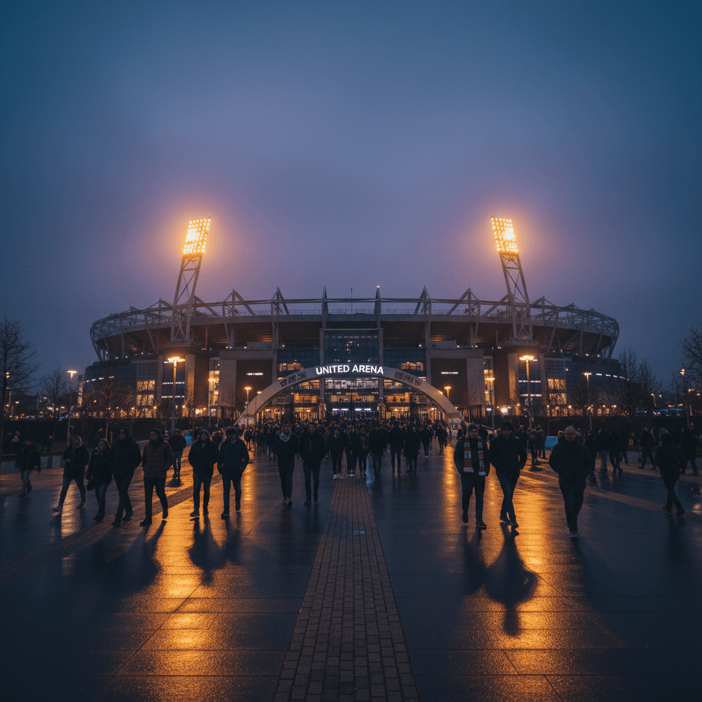 Stadium exterior illuminated as fans arrive for evening kick-off