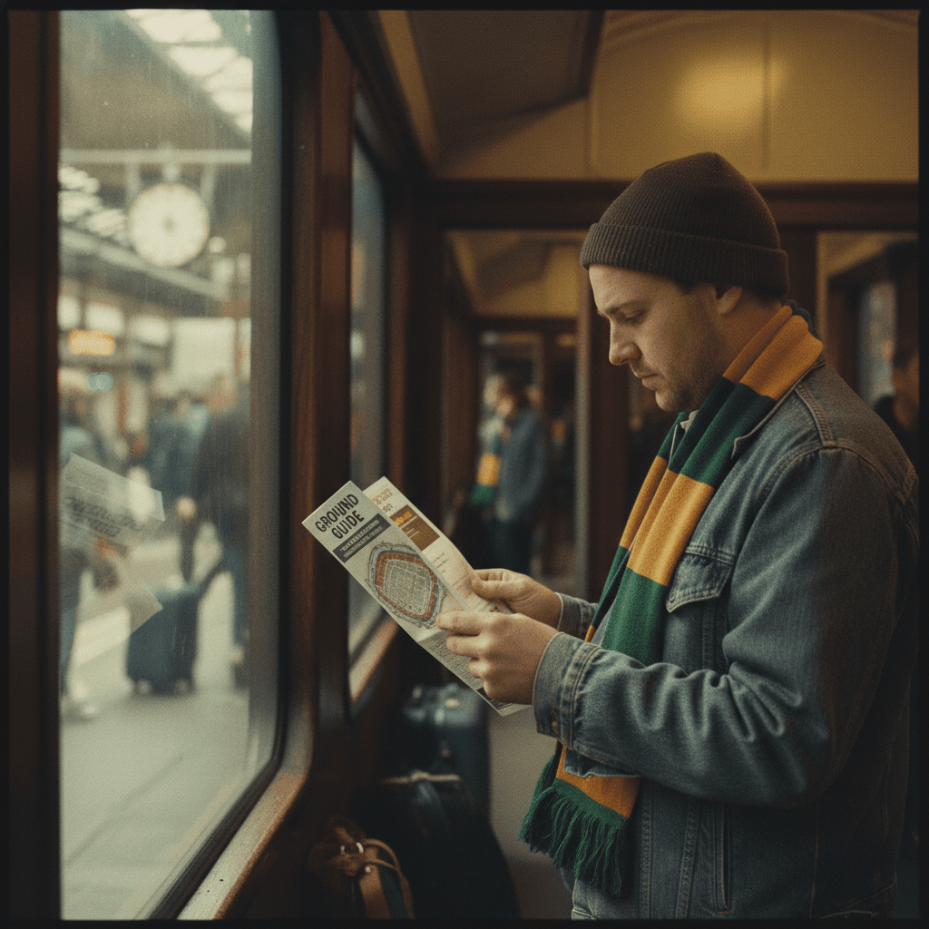 Fan reviewing ground guide while waiting at train platform