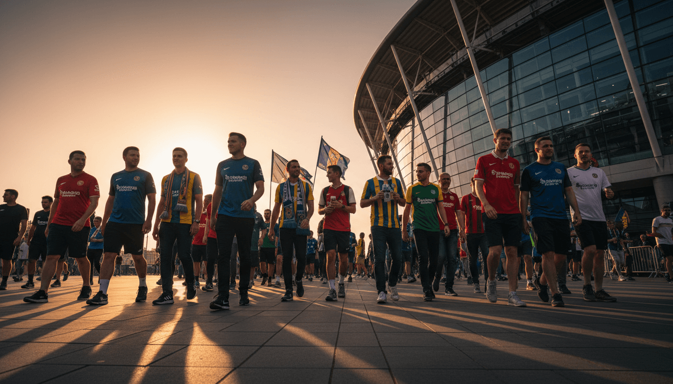 Away fans walking toward a Premier League stadium on match day