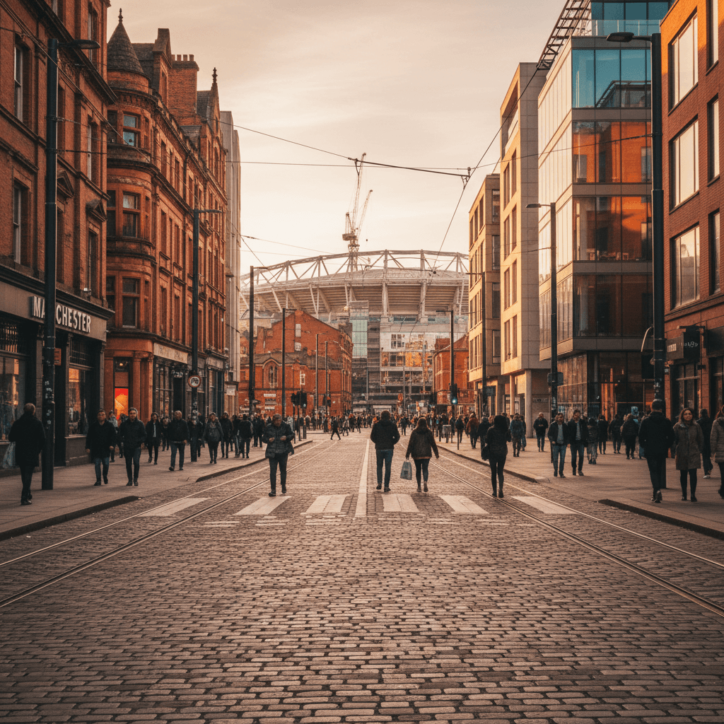 Manchester city centre street leading toward stadium area
