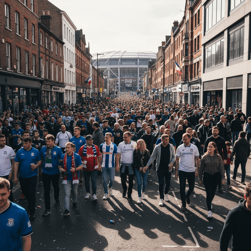 Away fans walking toward Old Trafford on match day