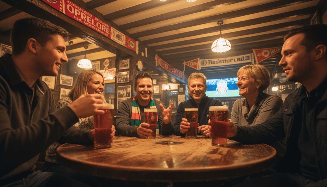 Supporters sharing drinks and conversation in traditional pub