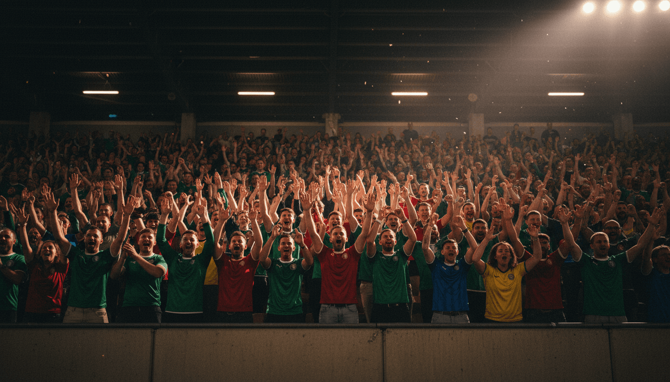 Football fans in the away end cheering passionately during a match