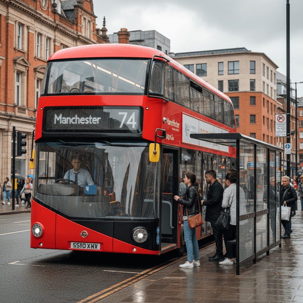 Manchester double-decker bus at city centre stop