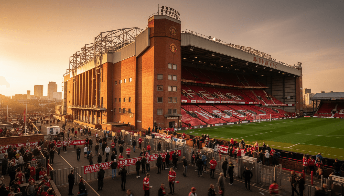 Old Trafford stadium exterior with away fans arriving on match day