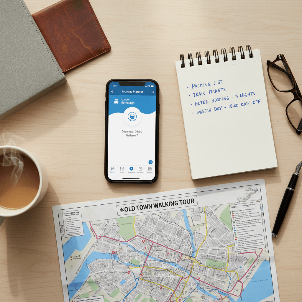 Organized away day travel planning setup with guides and notes