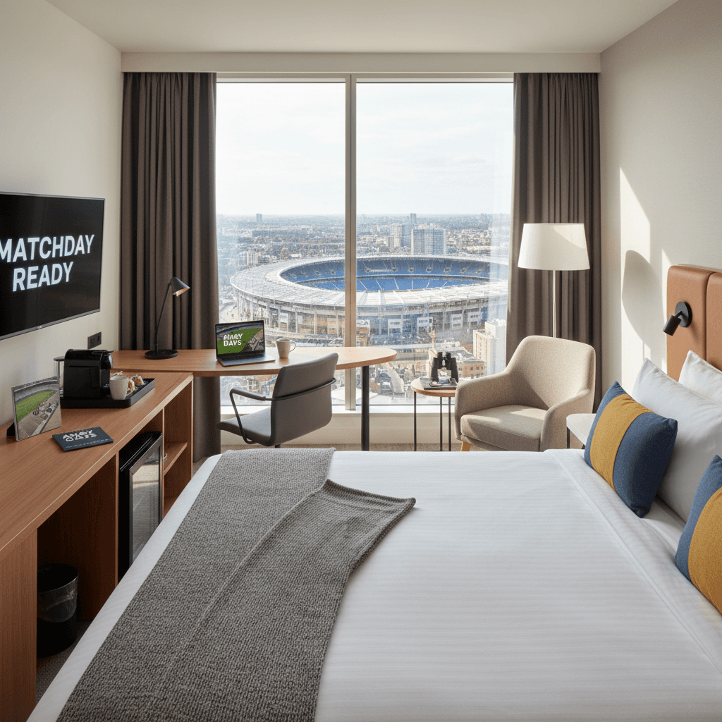 Hotel room with stadium views for away fans staying overnight