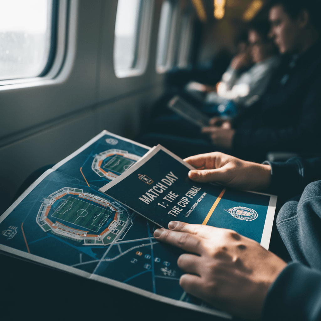 Away fan studying stadium map and match day program during journey