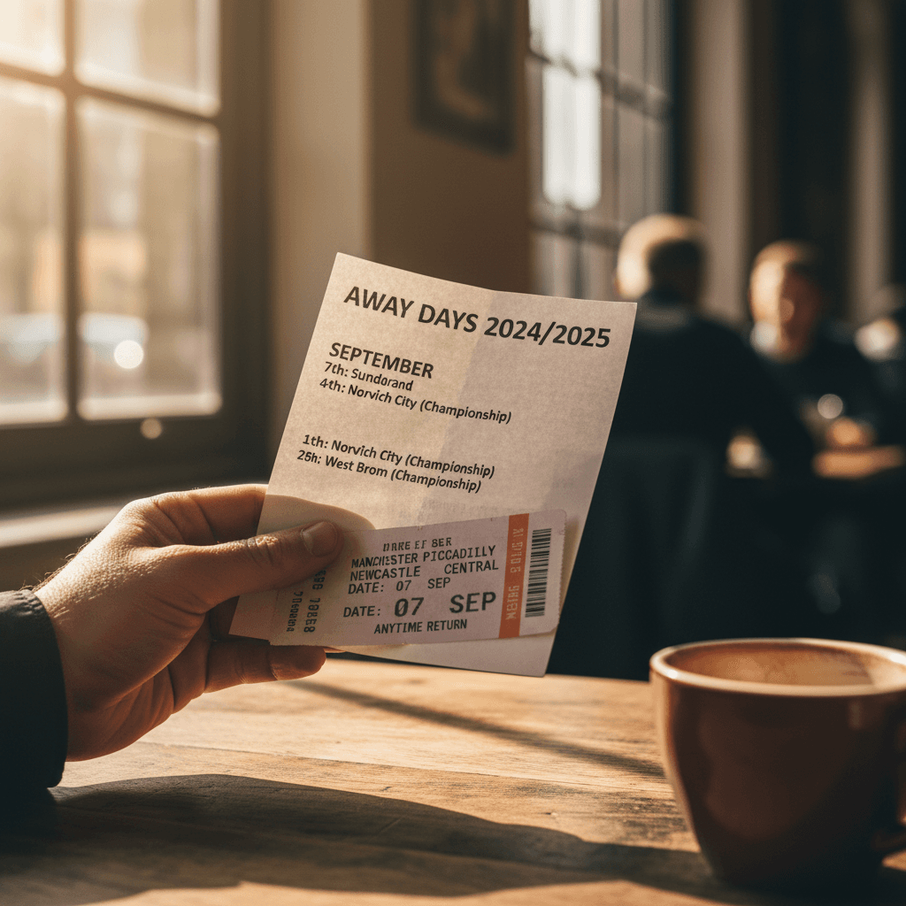 Football fan reviewing fixture guide and travel tickets