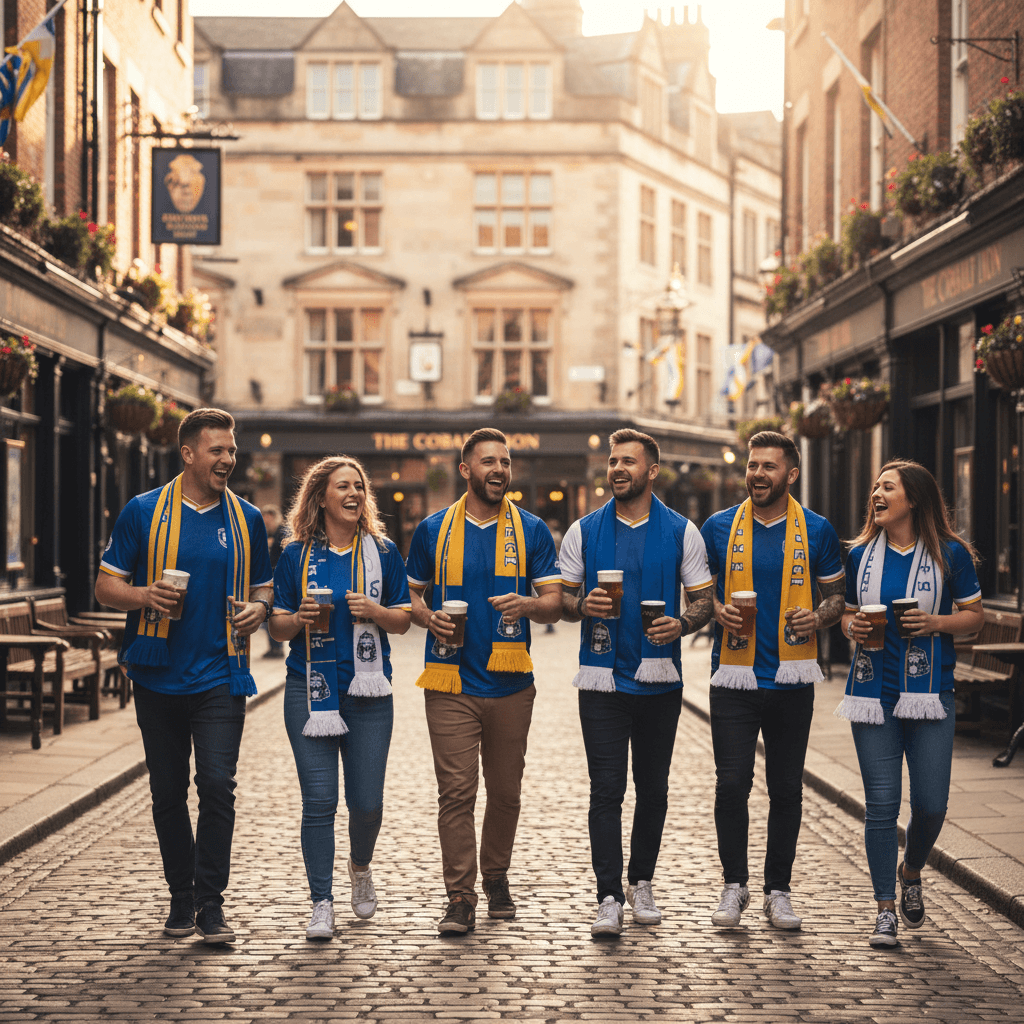 Fans enjoying pints at a traditional pub before away match