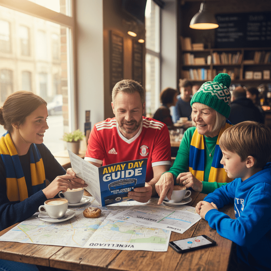 Fans reviewing an Away End guide over coffee before their trip