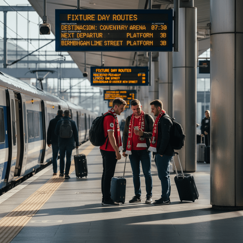 Away fans boarding a train with luggage and tickets