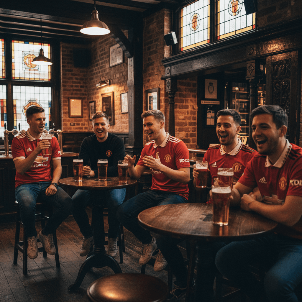 Away fans enjoying drinks in a Manchester pub before the match