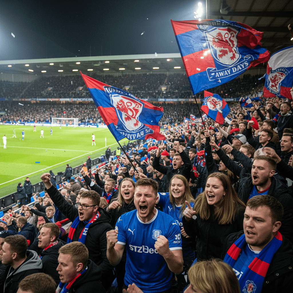 Away fans celebrating during match action