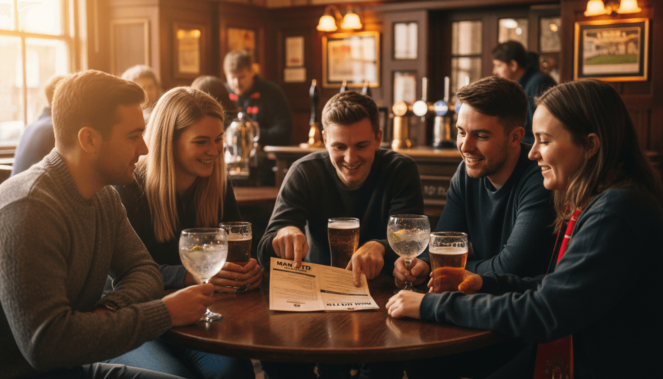 Away fans reviewing guide in Manchester pub