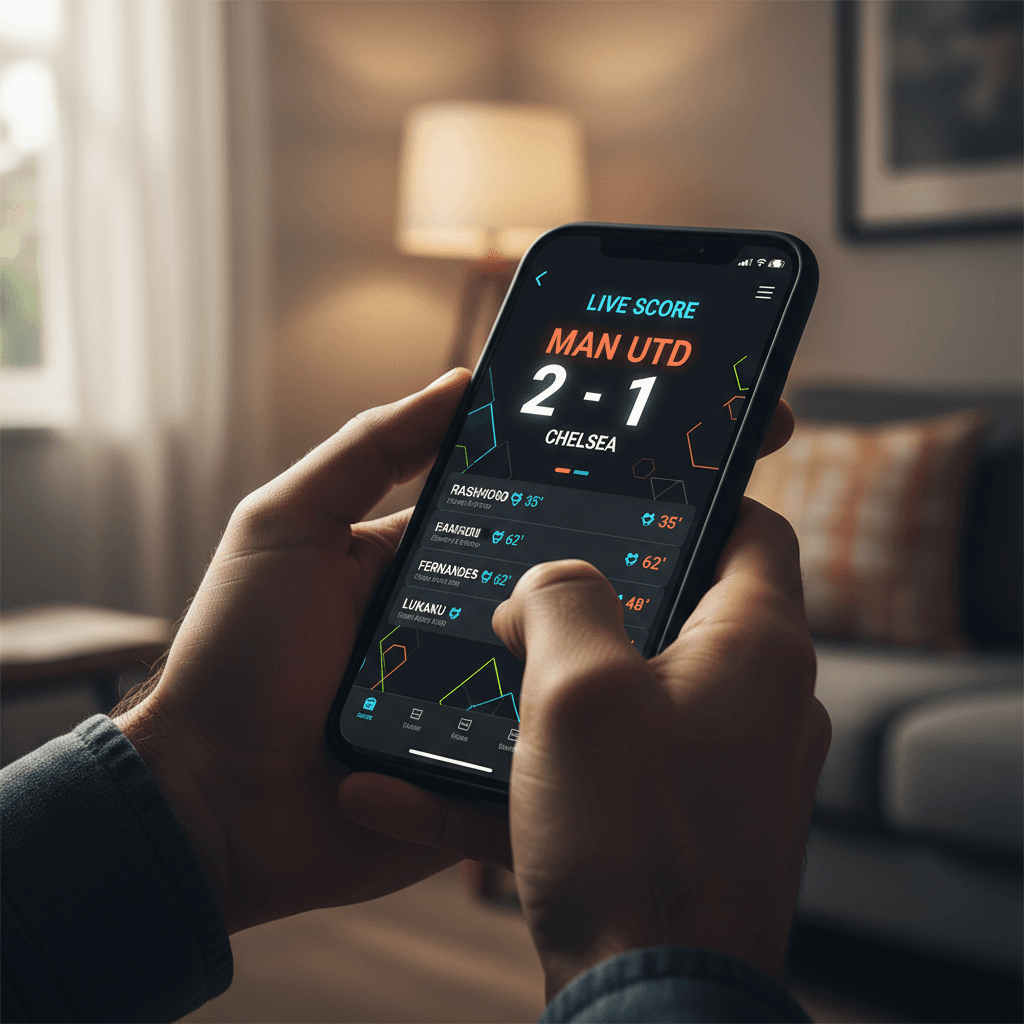 Football fan viewing match fixtures on Away End app at train station