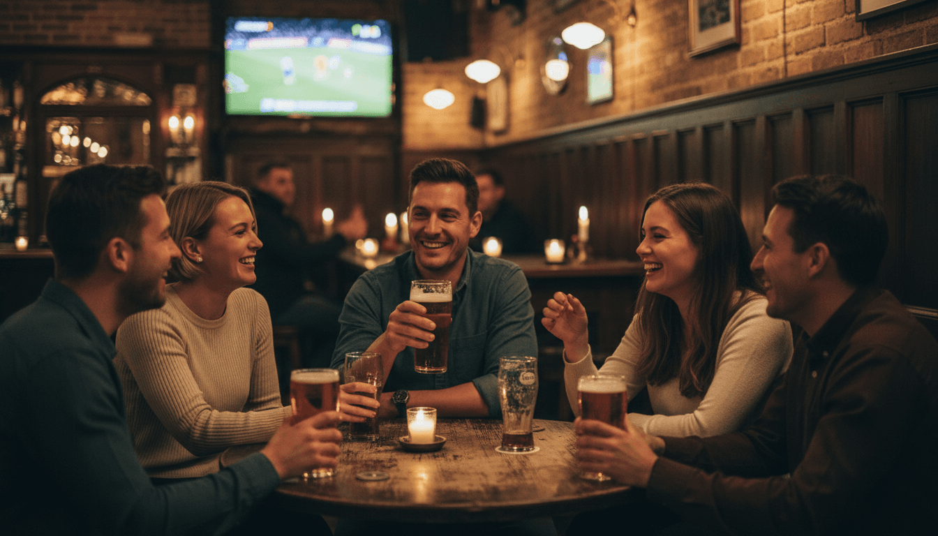 Football fans enjoying a recommended pub near the stadium