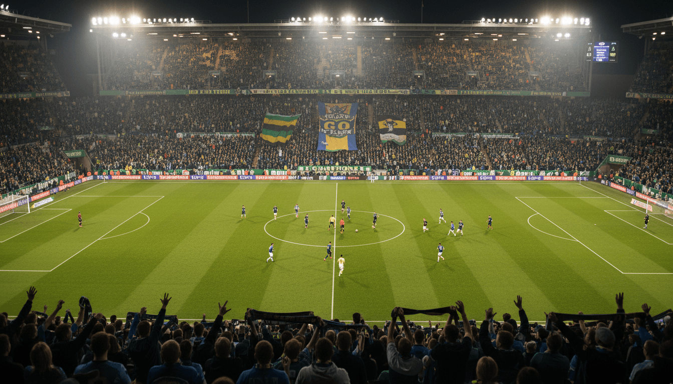 Football fan checking ground guide outside stadium