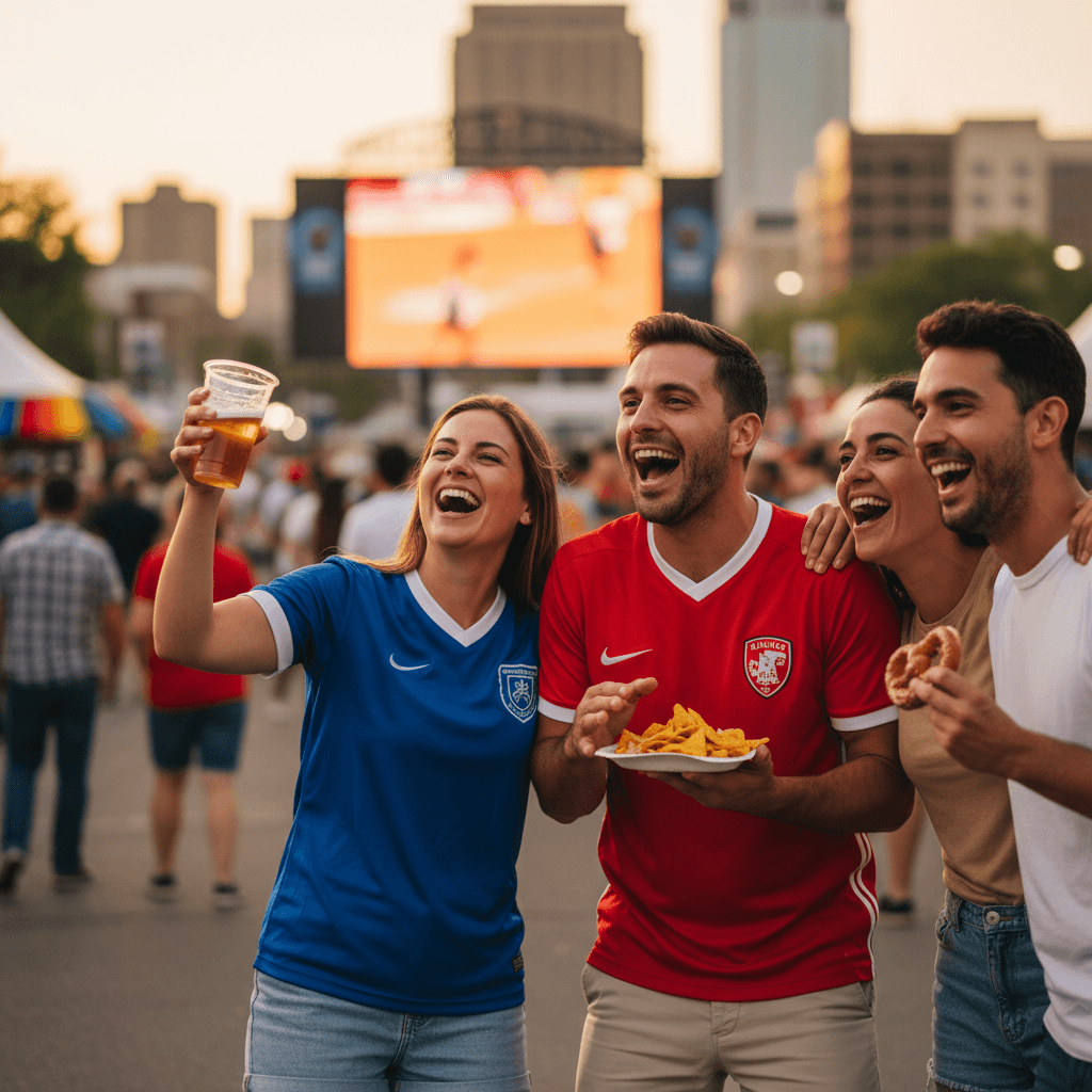 Group of football fans walking toward a pub together