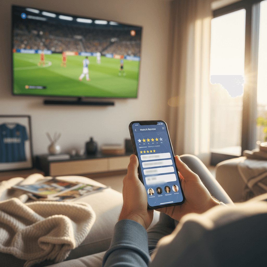 Football fan checking train information on phone at station